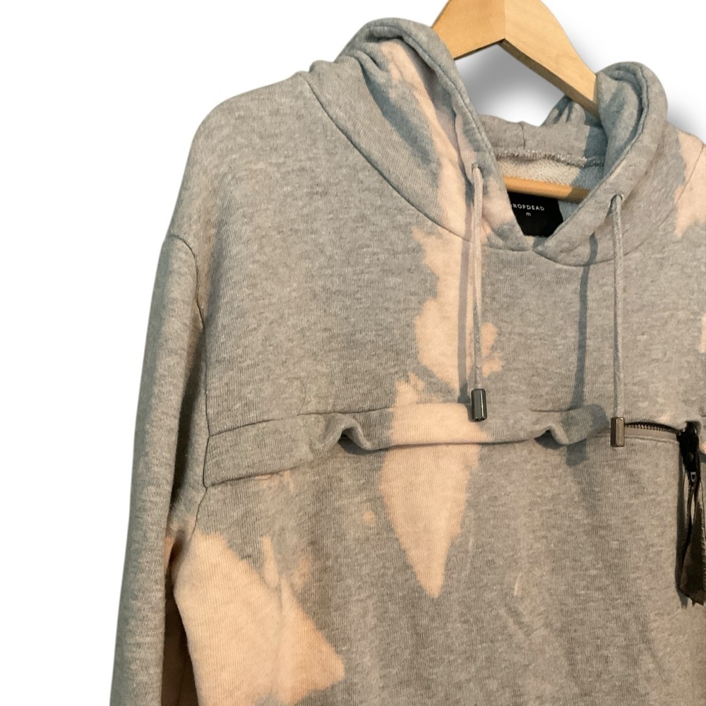 Drop Dead Heather Grey Upcycled Bleach Tie Dye Hooded Sweatshirt Size Medium